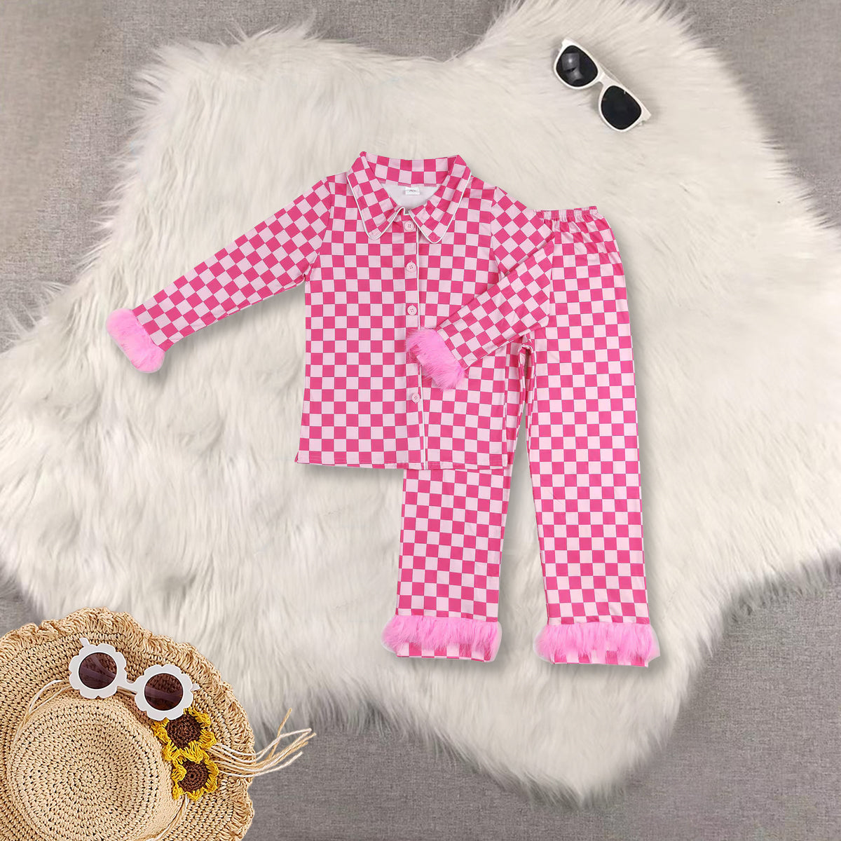 RTS NO MOQ Sibling baby girls clothes and adult clothes Pink plaid Plush Cuffs-Buttons Long Sleeves Pants Pajama Set: Adults & Children