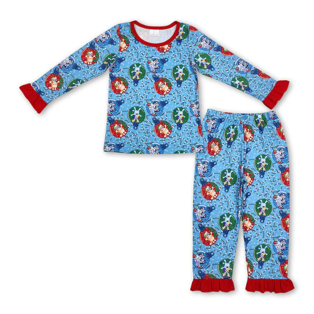 RTS NO MOQ Sibling milk silk Baby Girls Green Christmas Trees Print Top Ruffle Pant Pajamas Set