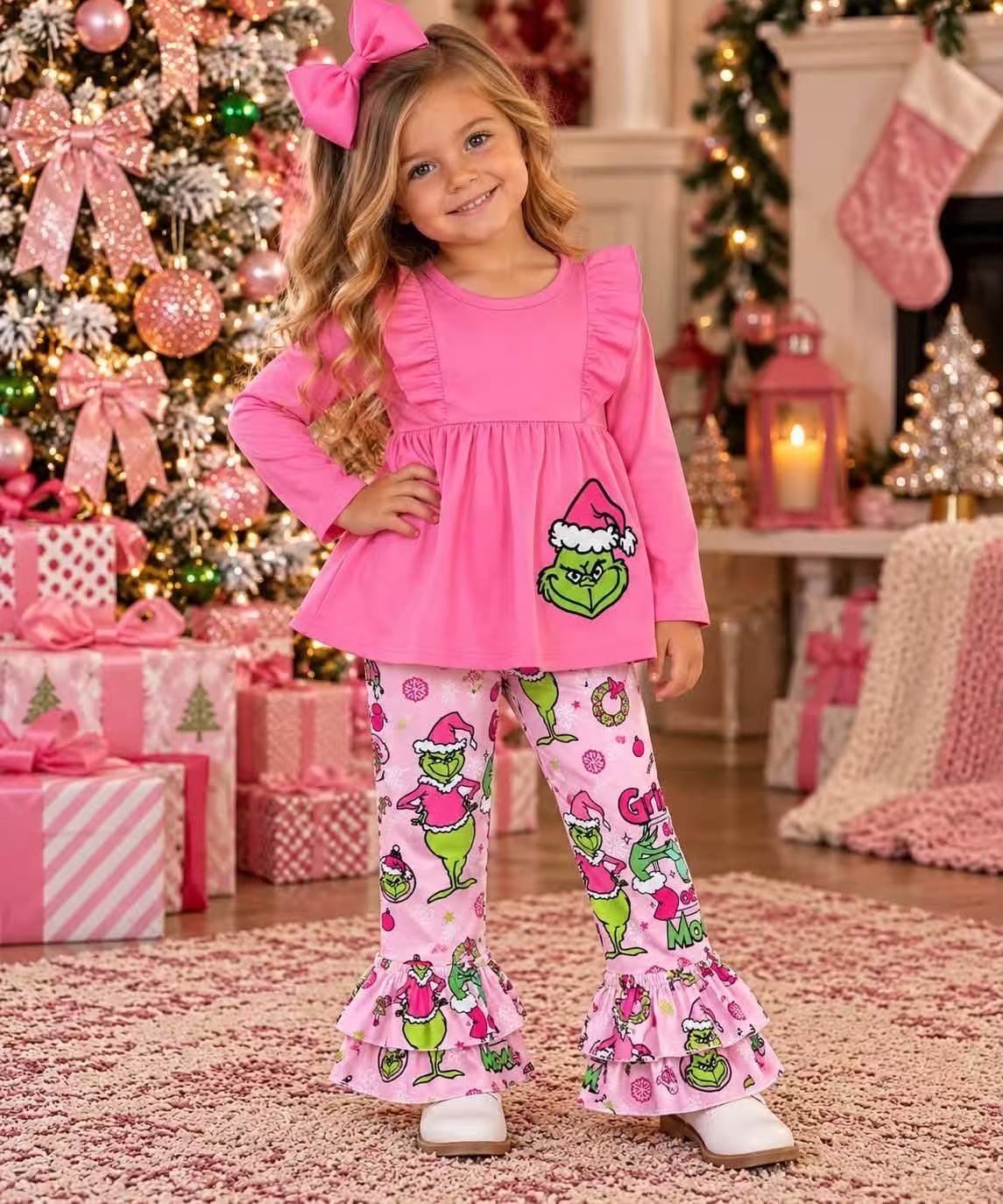 NEW RTS NO MOQ milk silk GLP1453 Baby Girls Christmas Pink Long Sleeve Tunic Ruffle Pants Clothes Set