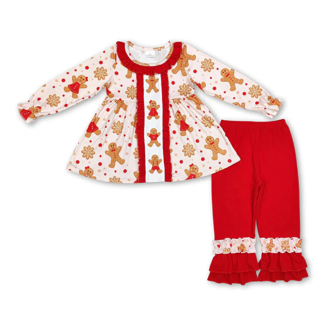 RTS NO MOQ Sibling milk silk Baby Girls Santa Print Checkered Tunic With Ruffle Pants Two Piece Set