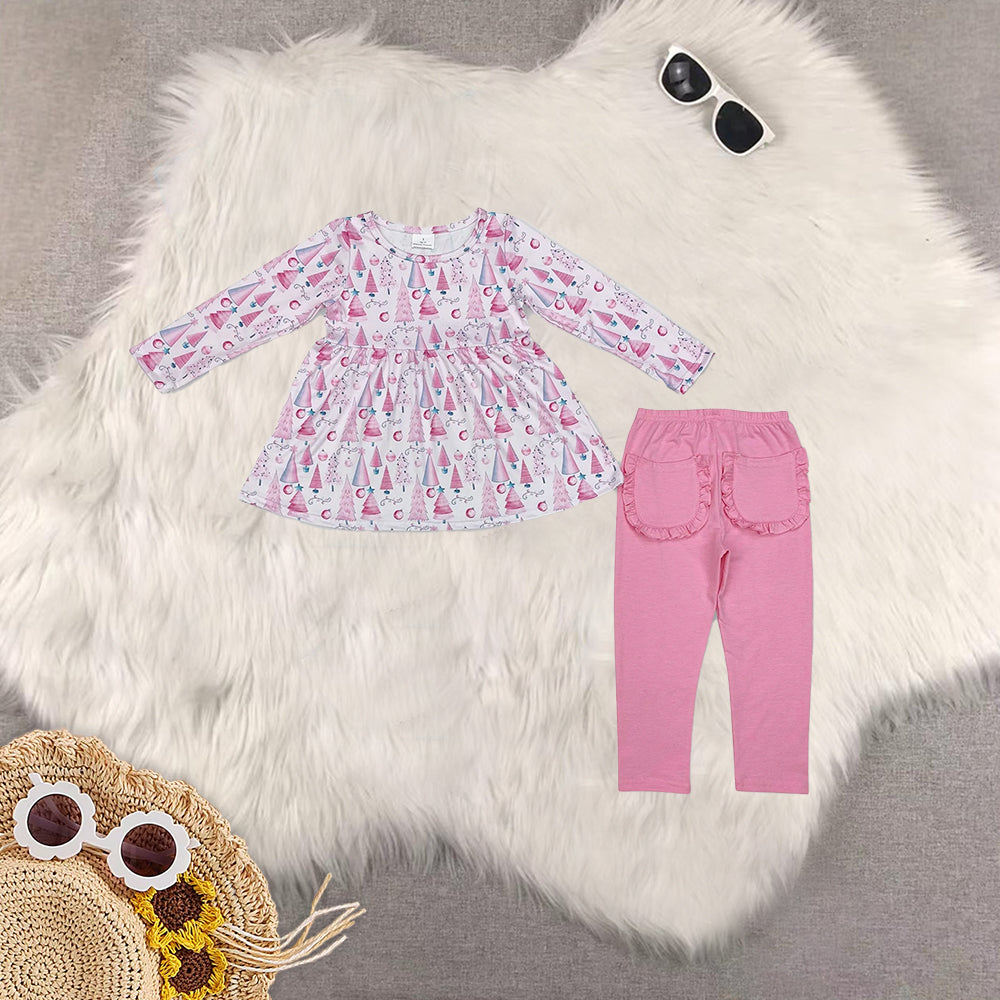RTS NO MOQ Sibling Baby Girls Christmas trees Long Sleeve Pants Set