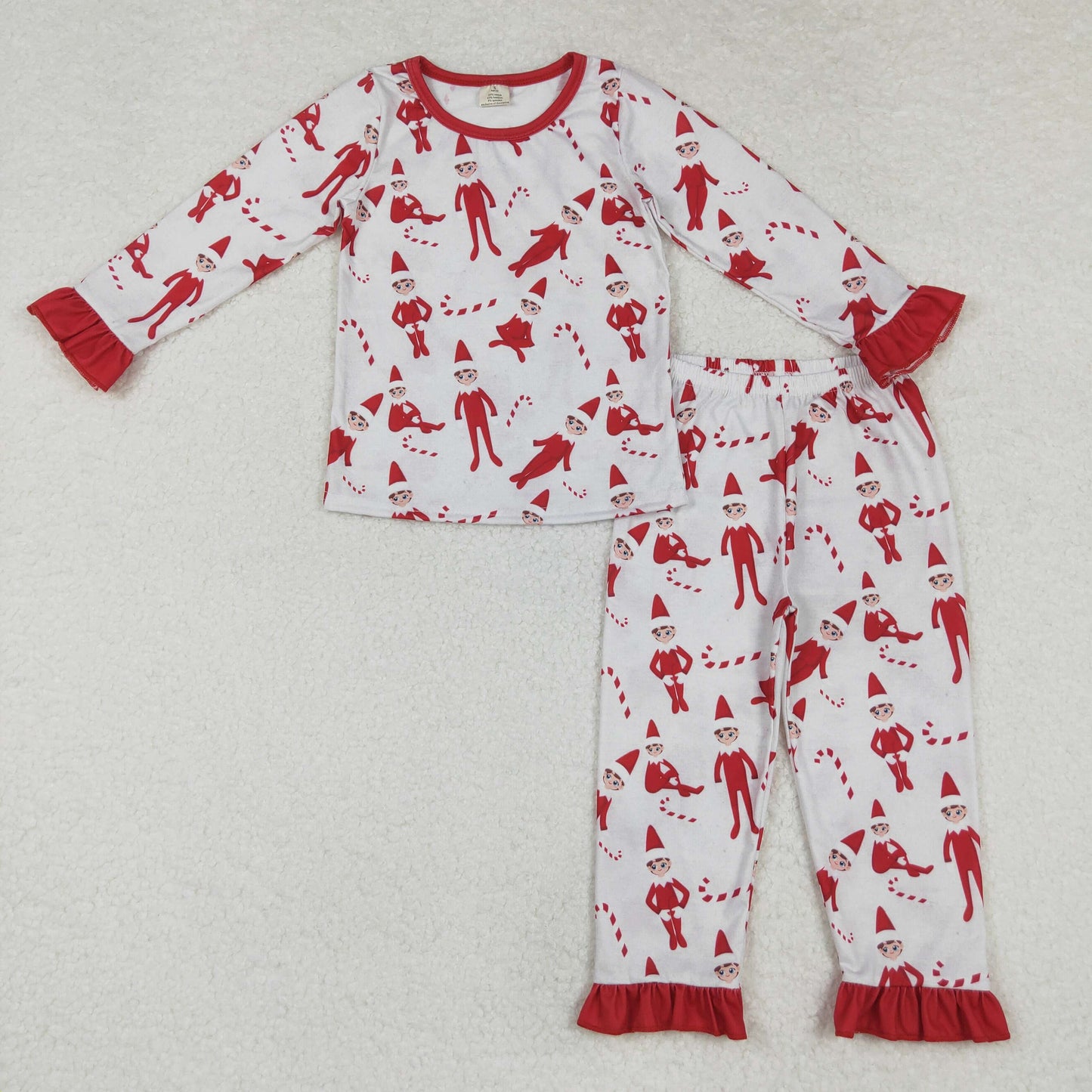 RTS NO MOQ(In Stock) GLP1866 Modal Christmas elf cane lace red long sleeve trousers pajamas set