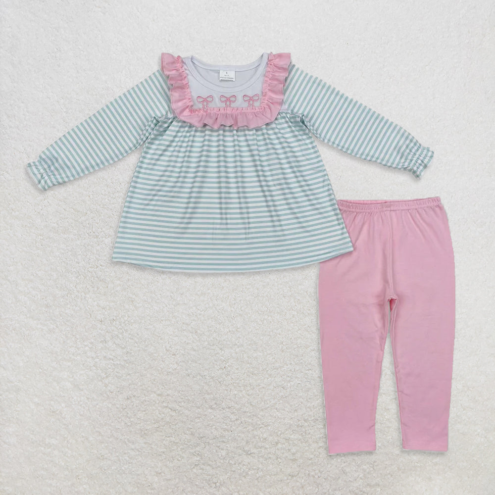 RTS NO MOQ Sibling Baby girls clothes embroidery bow long-sleeved trousers suits