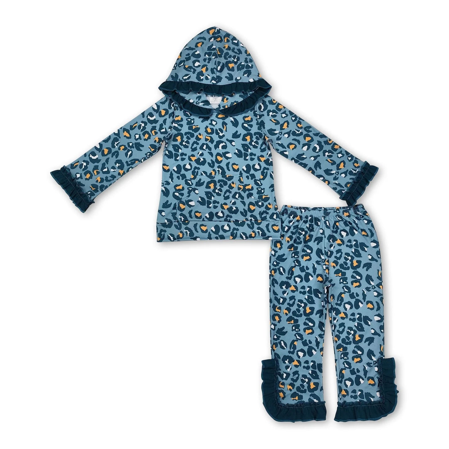RTS NO MOQ Sibling milk silk Baby Girls Blue Ruffle Trim Hooded Top Pants Casual Clothes Set