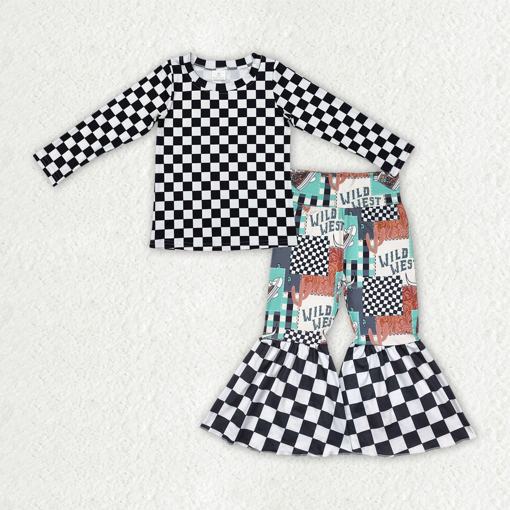 RTS NO MOQ GLP2334 Girls Outfit black and white plaid long sleeve top cow head long pants Boutique Set Milk Silk