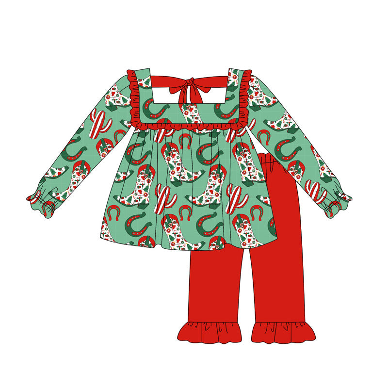 (Preorder new) No moq GLP2355 Baby Girls Cute Long Sleeves Green Boots Cactus Tunic Ruffle Pant Clothes Set