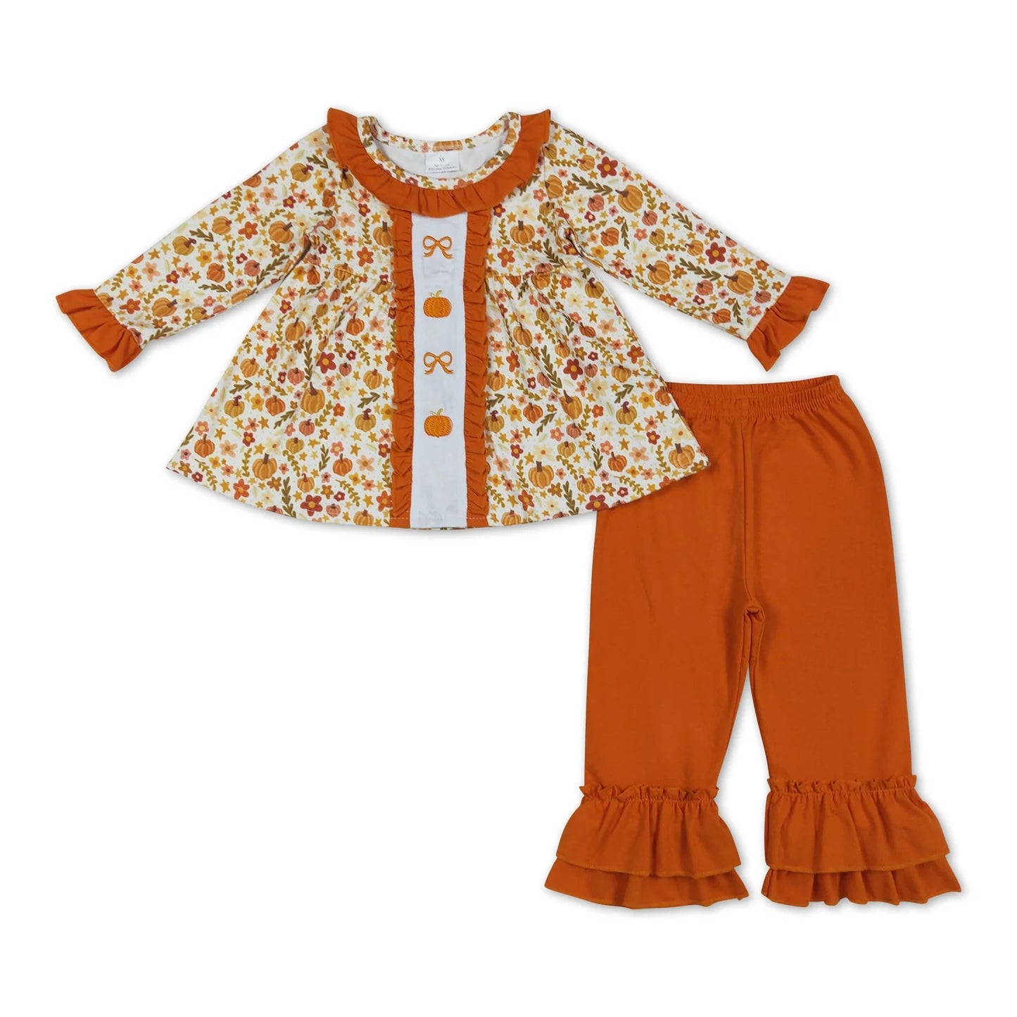 RTS NO MOQ Sibling milk silk Baby Girls Embroidery Fall Flower Bow Pumpkin Tunic Ruffle Pants Thanksgiving Outfit Sets