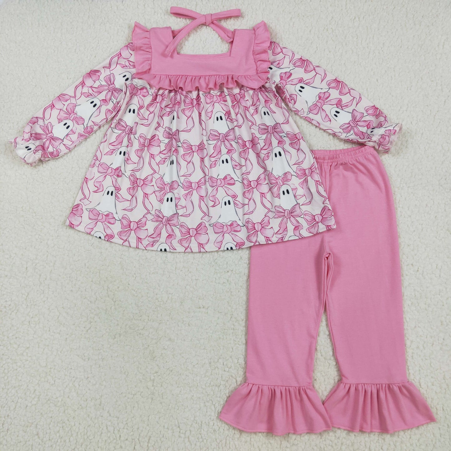 RTS NO MOQ(In Stock) GLP2362 Halloween ghost bow pattern pink lace straps long-sleeved trousers set