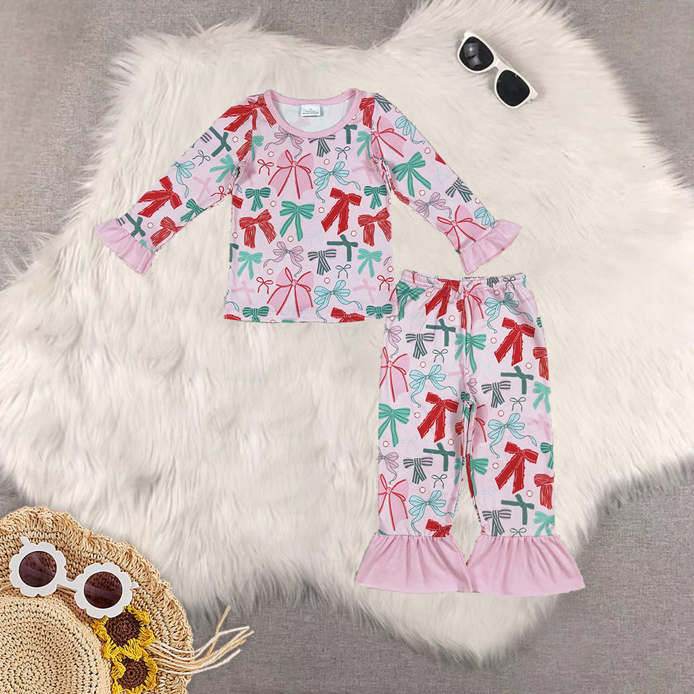 RTS NO MOQ Sibling Baby girl clothes bow long-sleeved trousers suits