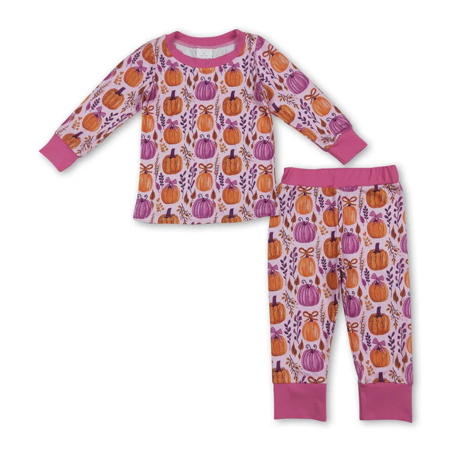 RTS NO MOQ Sibling milk silk Baby Girls Bows Pumpkins Print Long Sleeve Top Pants Two Piece Fall Pajamas Set