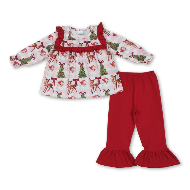 RTS NO MOQ Sibling milk silk Baby Girls Christmas Pink Santa Print Tunic Ruffle Pant Set