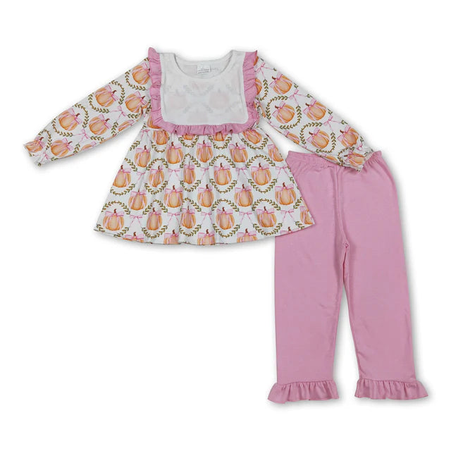 RTS NO MOQ Sibling milk silk Baby Girls Fall Bow Pumpkins Print Loose Tunic Top Ruffle Hem Pants Two Piece Clothes Sets