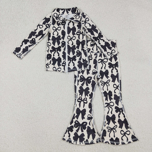 RTS NO MOQ Baby Girls Black Bows Zippered Top with Pockets And Bell Bottom Pants Yoga Set Outfit for Infants