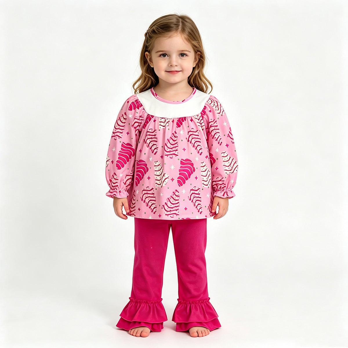 (Sample) No moq milk silk GLP2502 Baby Girls Pink Long Sleeves Stripe Trees Tunic Ruffle Pants Christmas Set