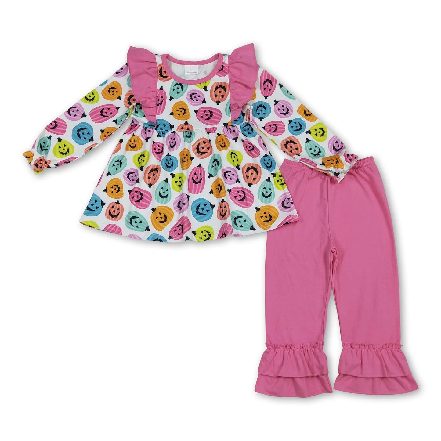 RTS NO MOQ Sibling milk silk Baby Girls Halloween Color Ghost Pumpkin Ruffle Trim Top Pants Clothes Sets