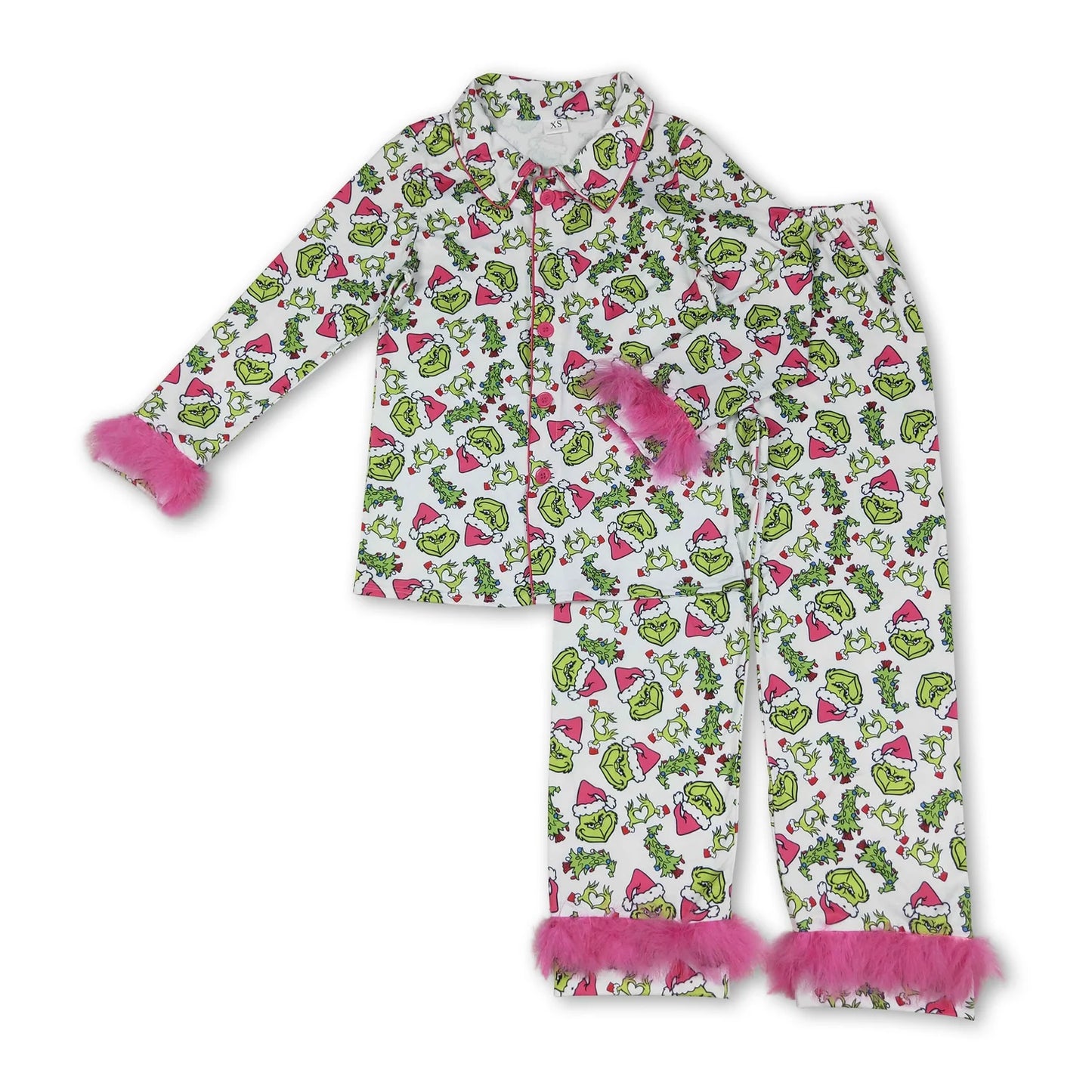 RTS NO MOQ Sibling milk silk Cute Clothes Mama And Me Christmas Print Fur Button Top And Pants Pajama Sets Dress Rompers