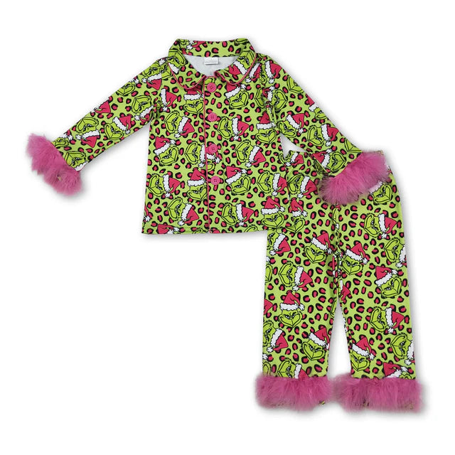 RTS NO MOQ Sibling milk silk Baby Girls Pink Fur Gingerbread Button Top Pants Christmas Pajamas Set
