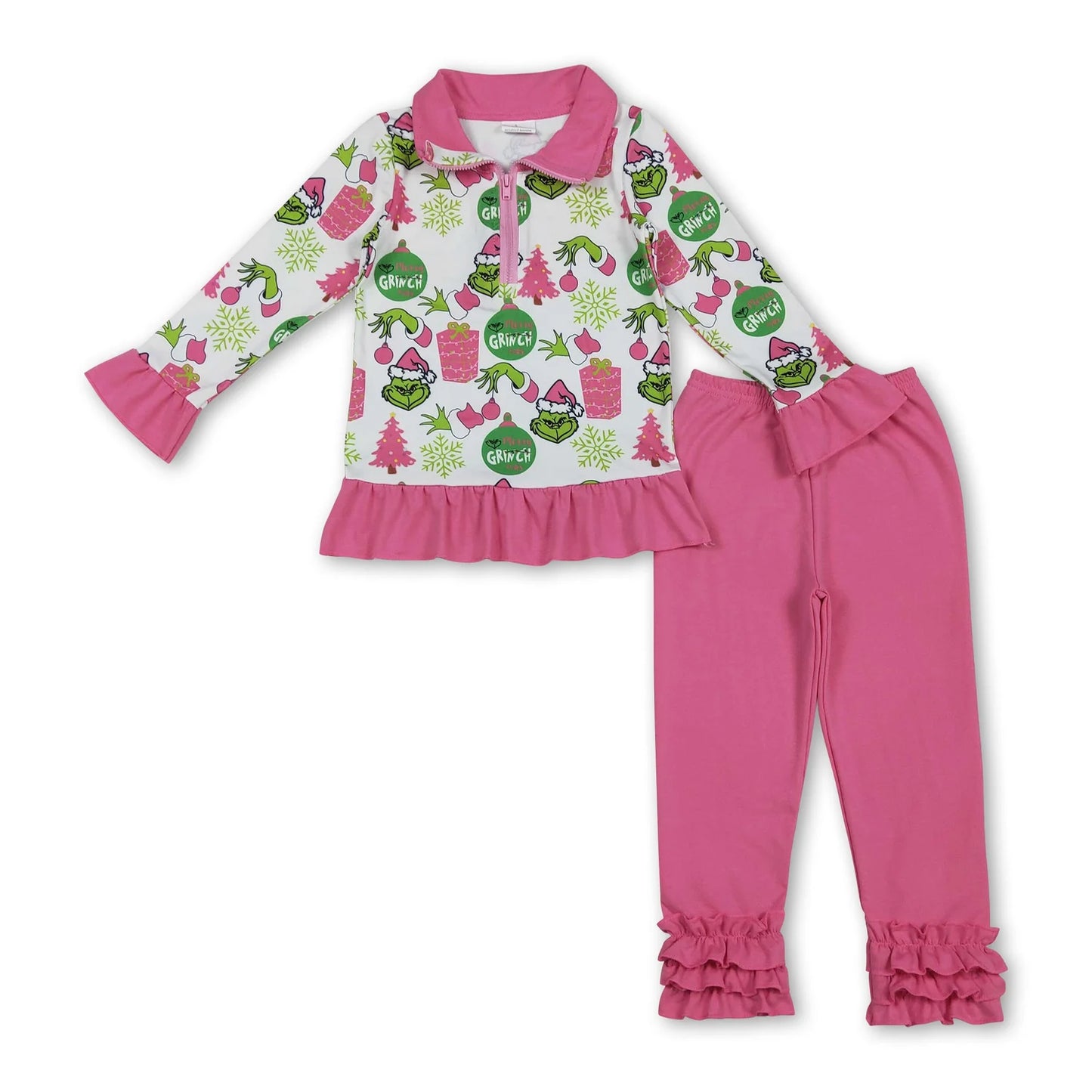 RTS NO MOQ Sibling milk silk Baby Girls Cute Pink Check Santa Button Front Top Pocket Pants Christmas Clothes Set