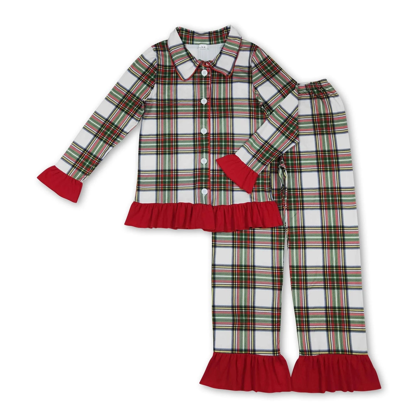 RTS NO MOQ milk silk Sibling Christmas Adult To Match Kids Green Red Check Long Sleeve Ruffle Hem Pants Christmas Pajama Set