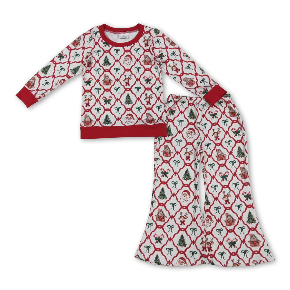 RTS NO MOQ Sibling milk silk Baby Girls Red Bow Santa Print Checked Top Pants Two Piece Christmas Clothes Set