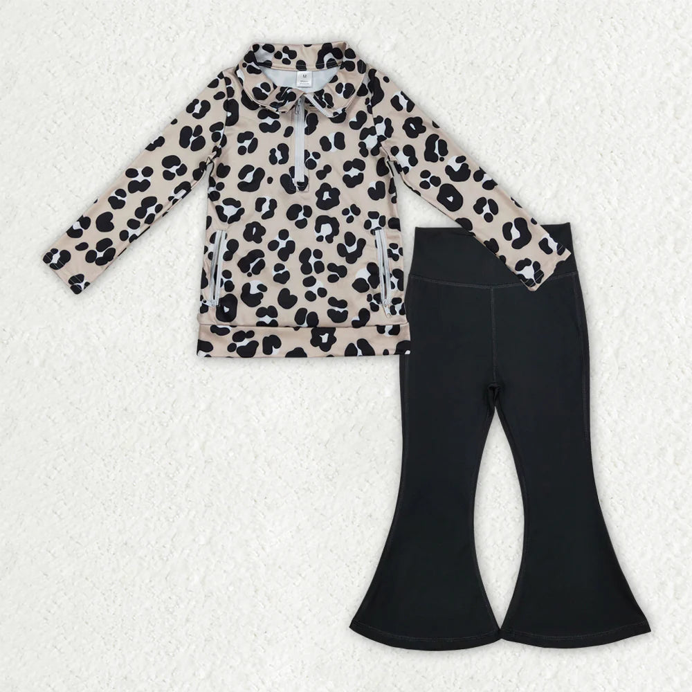 RTS NO MOQ Baby Girls Black Leopard Pockets Zipper Jackets Bell Bottom Pants Yoga Active Clothes Sets