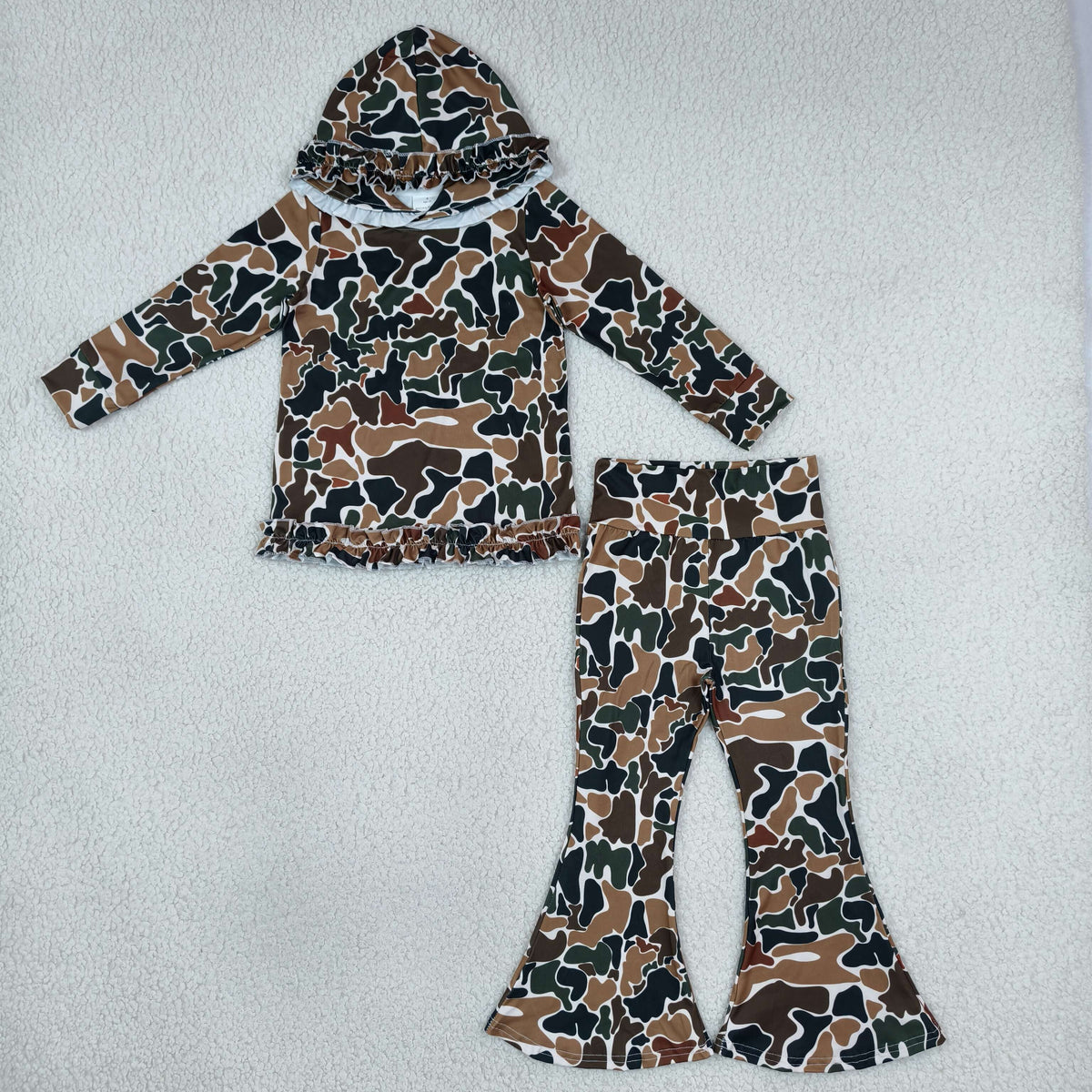 NEW RTS NO MOQ milk silk GLP3078 Baby Girls Dark Brown Camo Ruffle Hoodies Bell Bottom Pants Sets