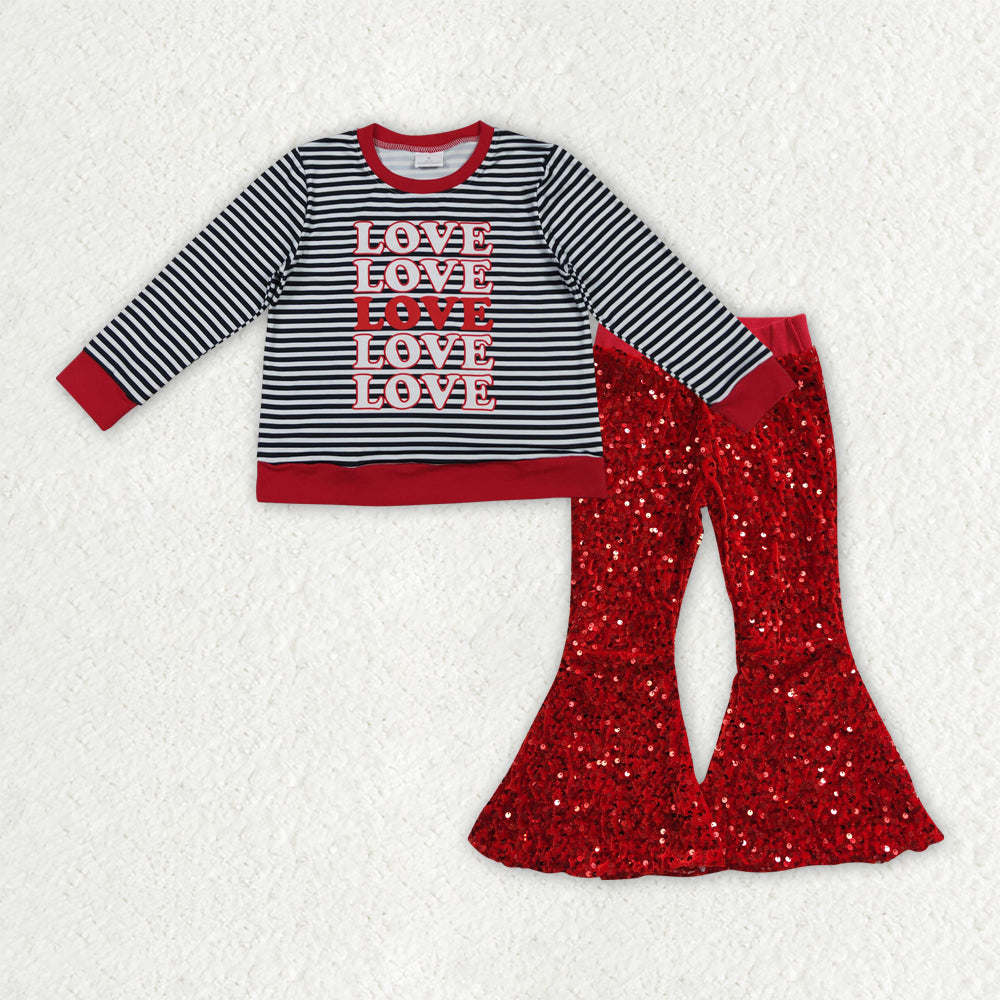 12/18m-7/8t RTS NO MOQ(In Stock) GLP3084 love long-sleeved red sequined pants set-GT1237+B4-11