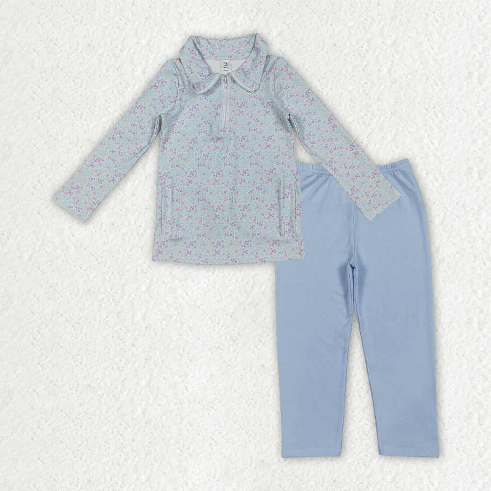 RTS NO MOQ(In Stock) Pink long-sleeved zip-up yoga top with floral, leaf, and bow pattern Pants set