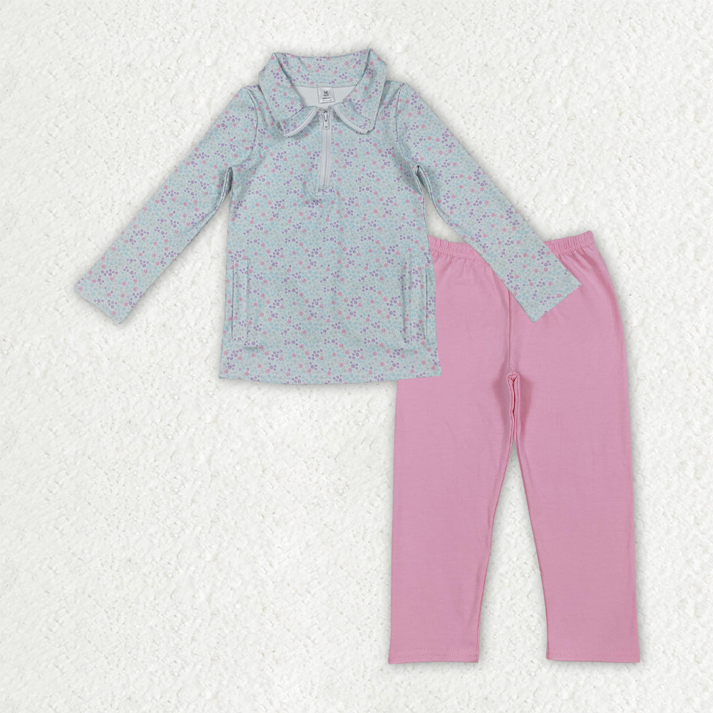 RTS NO MOQ(In Stock) Pink long-sleeved zip-up yoga top with floral, leaf, and bow pattern Pants set