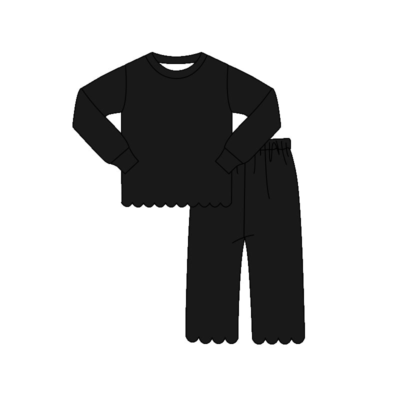(Pre Order) No moq GLP3290 Baby Girls Black Solid Scallop Trim Long Sleeve Top And Pants Two Piece Pajama Set