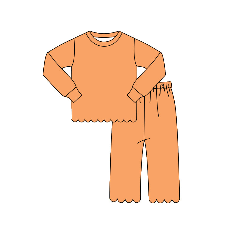 (Pre Order) No moq GLP3295 Baby Girls Orange Scallop Trim Long Sleeve Top And Pants Two Piece Pajama Set