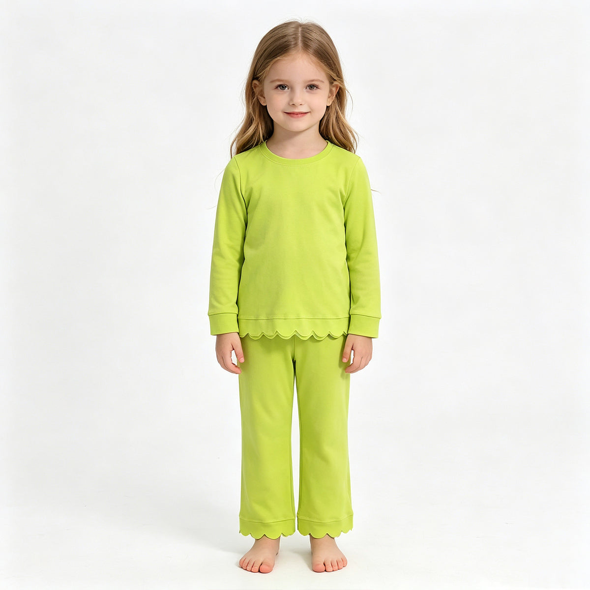 (Sample) No moq cotton GLP3296 Baby Girls Green Scallop Trim Long Sleeve Top And Pants Two Piece Pajama Set