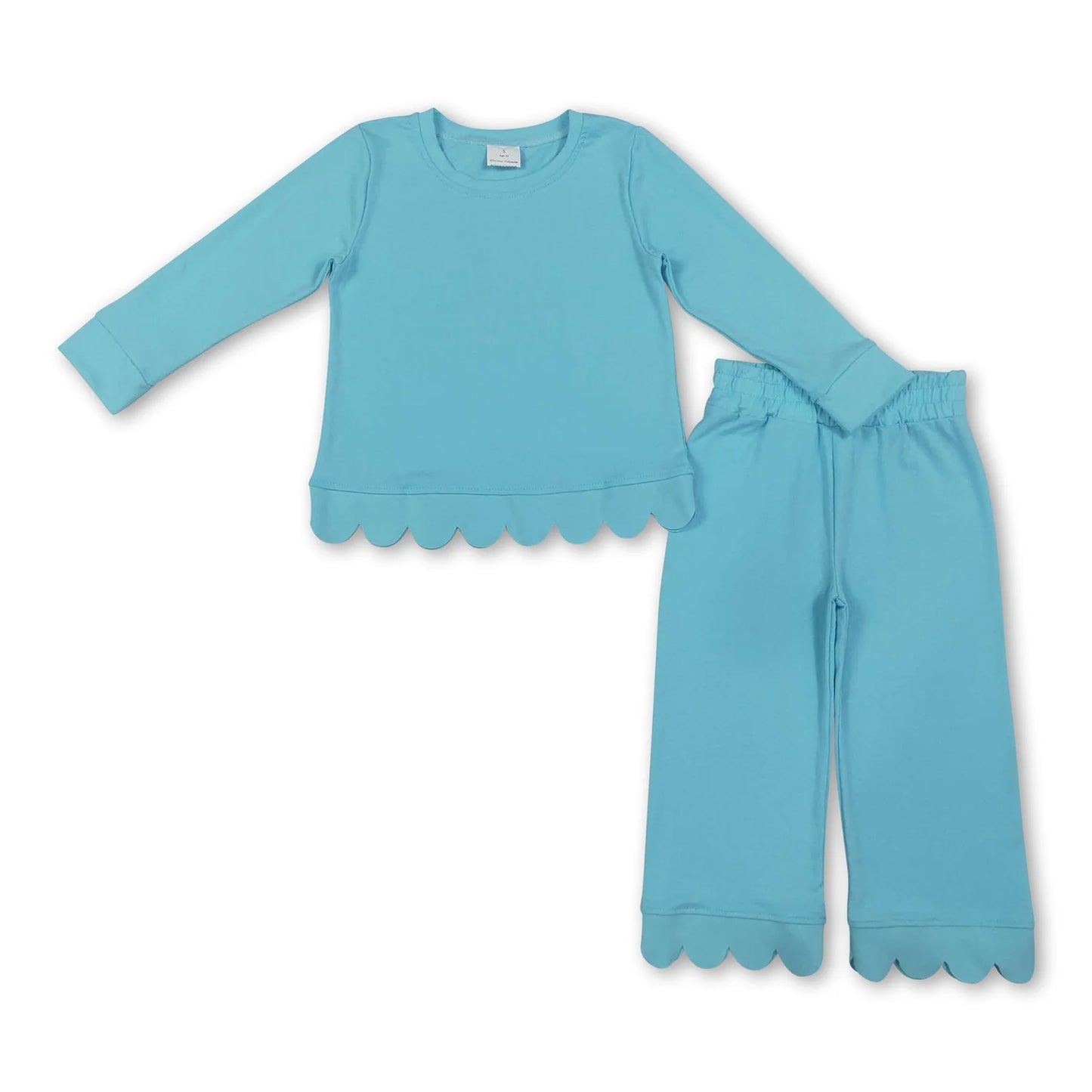 RTS NO MOQ Sibling cotton Baby Girls Solid Color Long Sleeve Top Pants Scallop Pajamas Clothes Sets Sleepwear Outfit