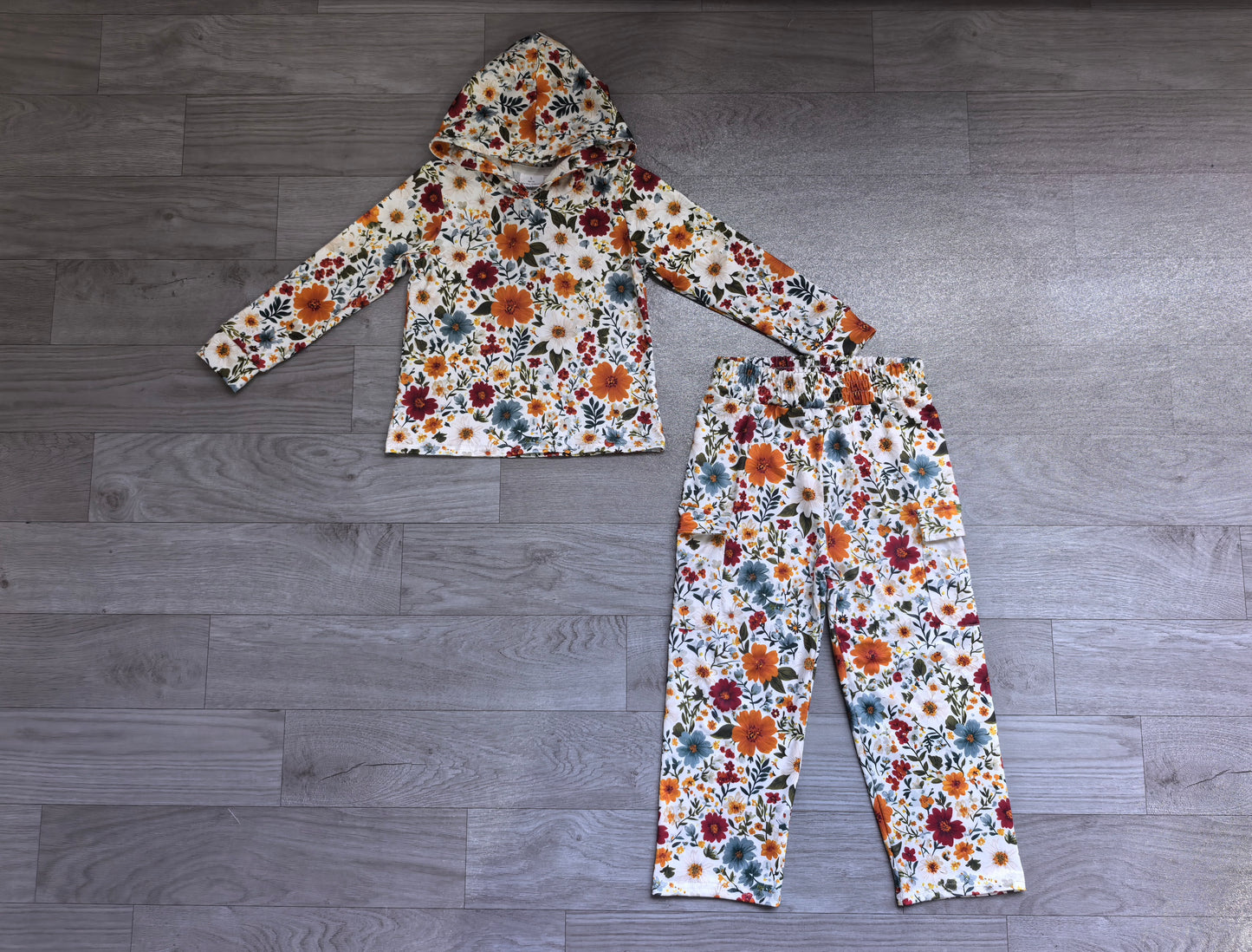 (Sample) No moq milk silk GLP3321 Baby Girls Colorful Flowers Pocket Hoodie Pant Clothes Set