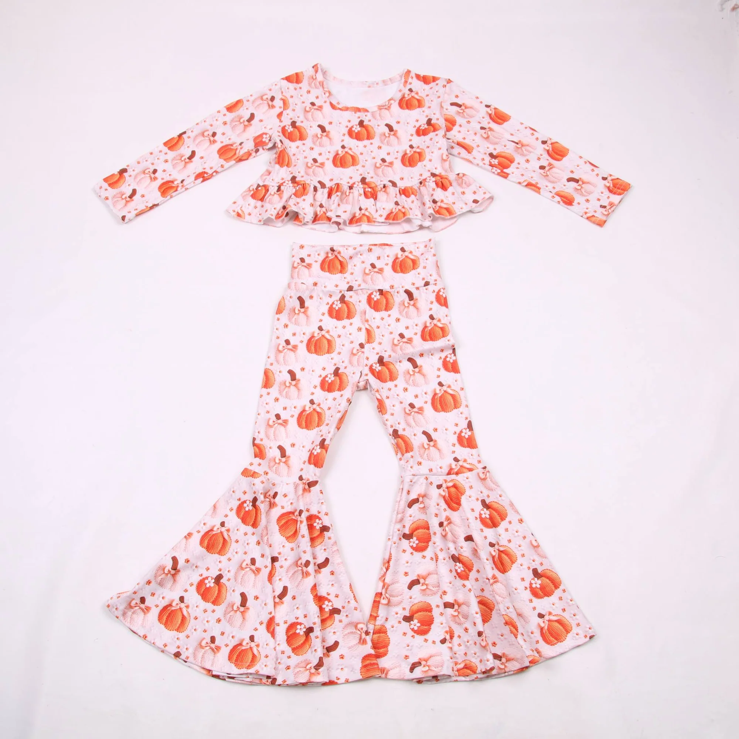 (Pre Order) No moq GLP3333 Baby Girls Pumpkin Print Long Sleeve Top And Bell Bottom Pants Clothing Set