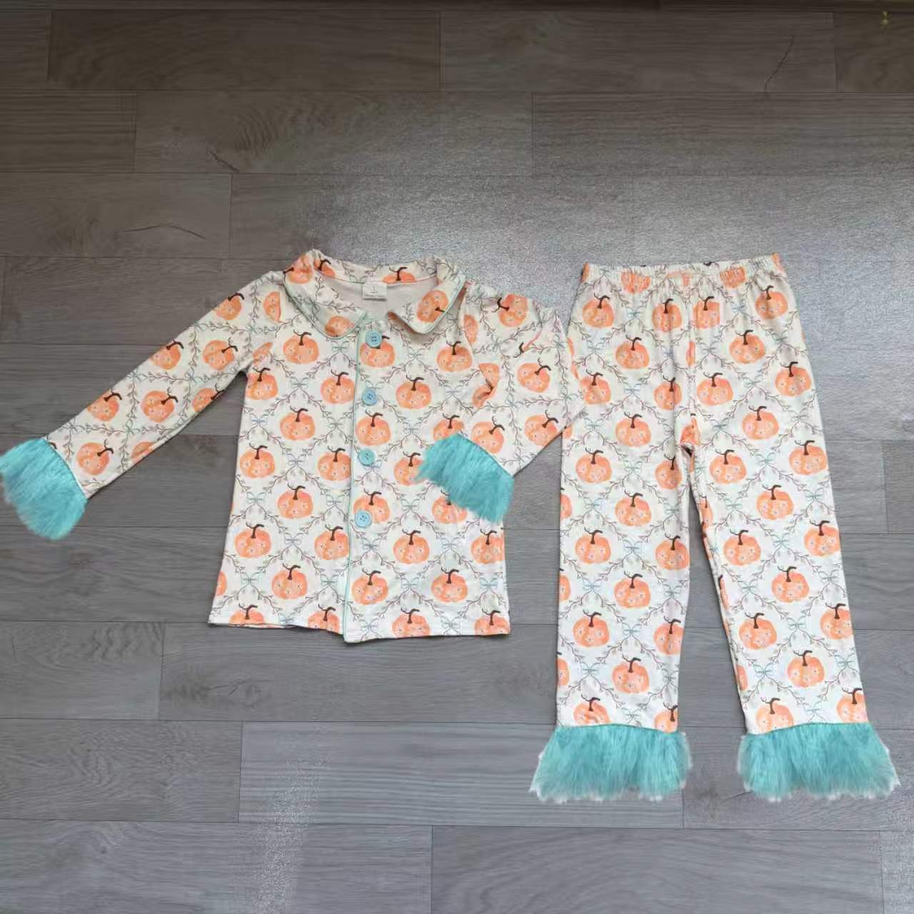 (Sample) No moq milk silk GLP3338 Baby Girls Floral Pumpkin Print Button Front Long Sleeve Top Elastic Waist Pants Fur Fall Pajama Set