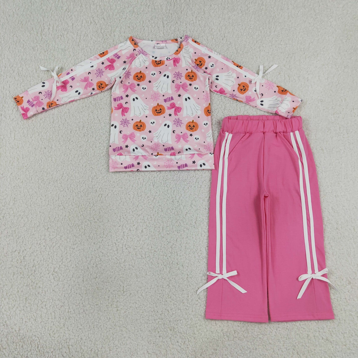 RTS NO MOQ Sibling milk silk Toddler Girls Ghost Pumpkin Print Top Matching Pocket Flare Pant Two Piece Halloween Clothes Set