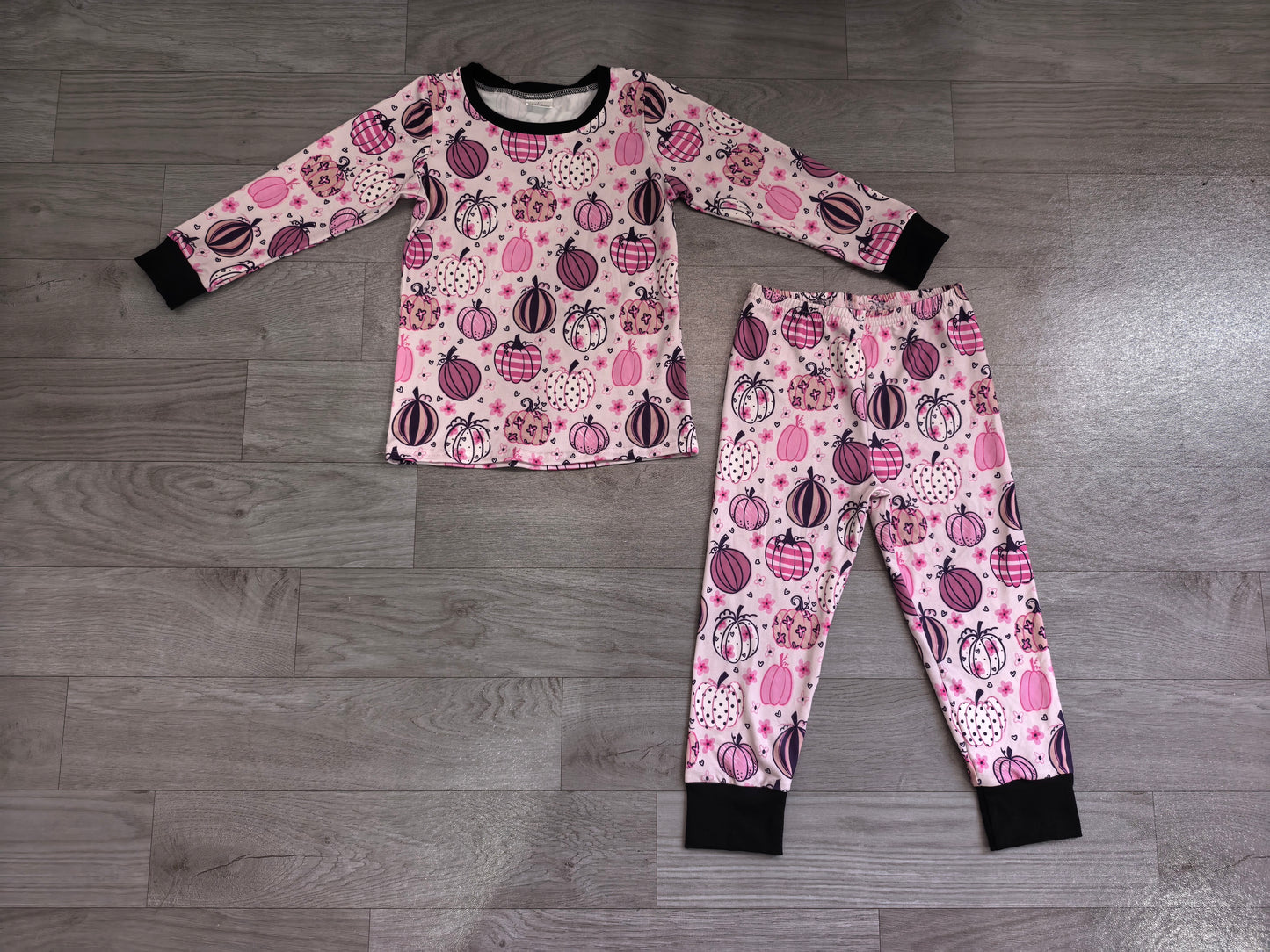 (Sample) No moq milk silk GLP3357 Baby Girls Flowers Pumpkins Print Long Sleeve Top Pant Fall Pajamas Sets