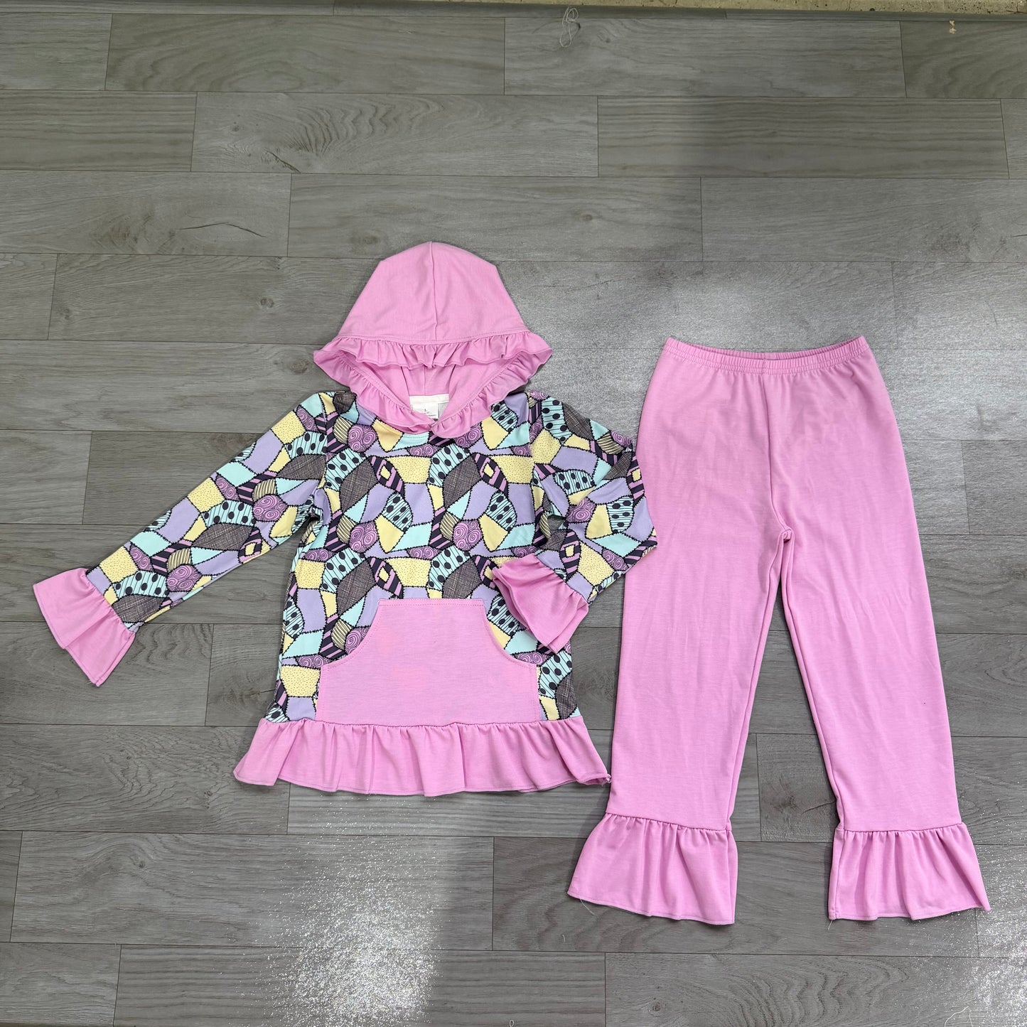 (Sample) No moq milk silk GLP3381 Baby Girls Toddler Girls Halloween Patchwork Print Pocket Hoodie Long Sleeve Top Ruffle Pant Two Piece Fall Outfit Set