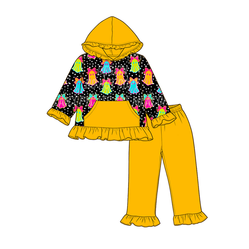 (Pre Order) No moq milk silk Baby Girls Halloween Pumpkin Long Sleeve Hoodie Ruffle Pants Set