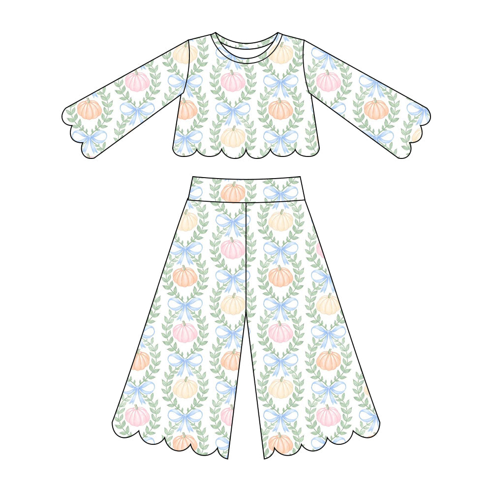 (Pre Order) No moq milk silk Baby Girl Floral Pumpkin Print Long Sleeved Scallop Pants Set