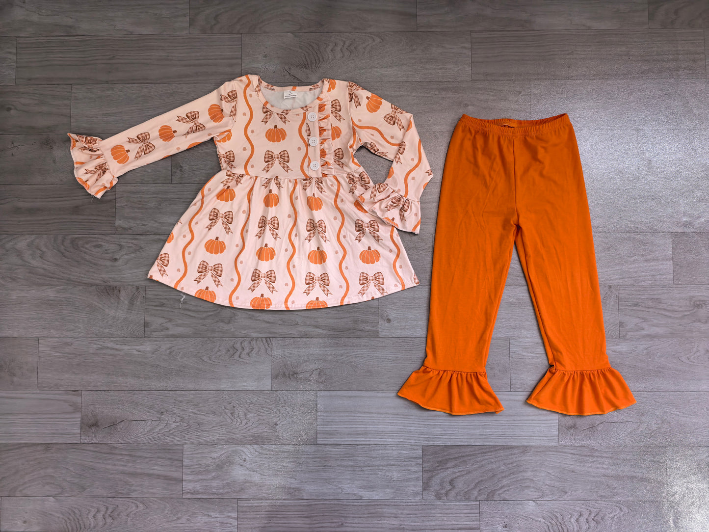 (Sample) No moq milk silk GLP3396 Baby Girls Pumpkin Bow Button Tunic Long Sleeve Ruffle Pants Wear Sets