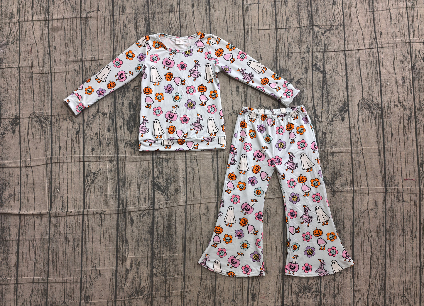 (Sample) No moq GLP3401 Baby Girls Floral Ghost Long Sleeve Shirt Flare Pant Halloween Party Clothes Set