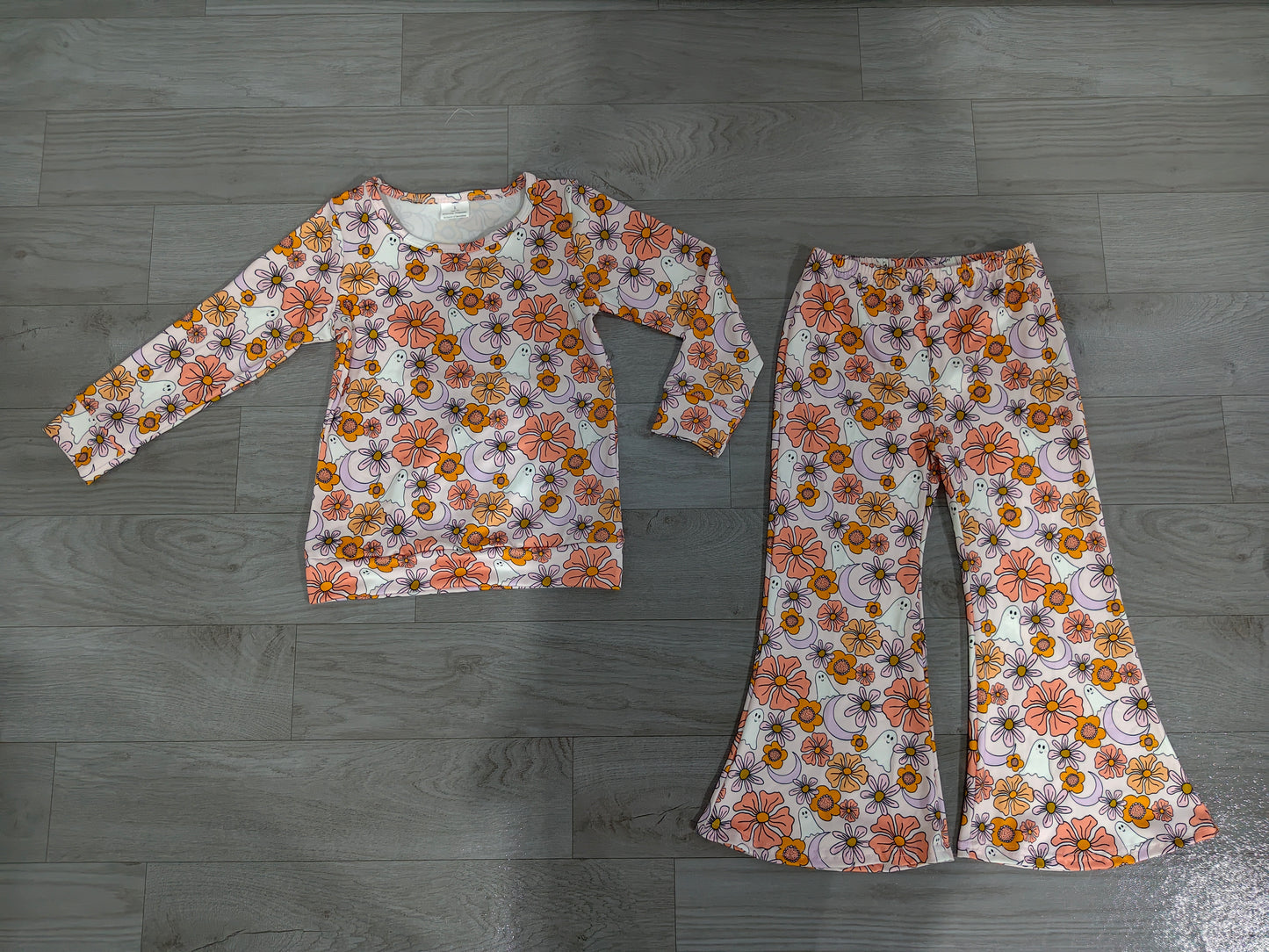 (Sample) No moq milk silk GLP3404 Baby Girls Spooky Ghost Flower Blouse Flare Pants Halloween Matching Clothes Sets