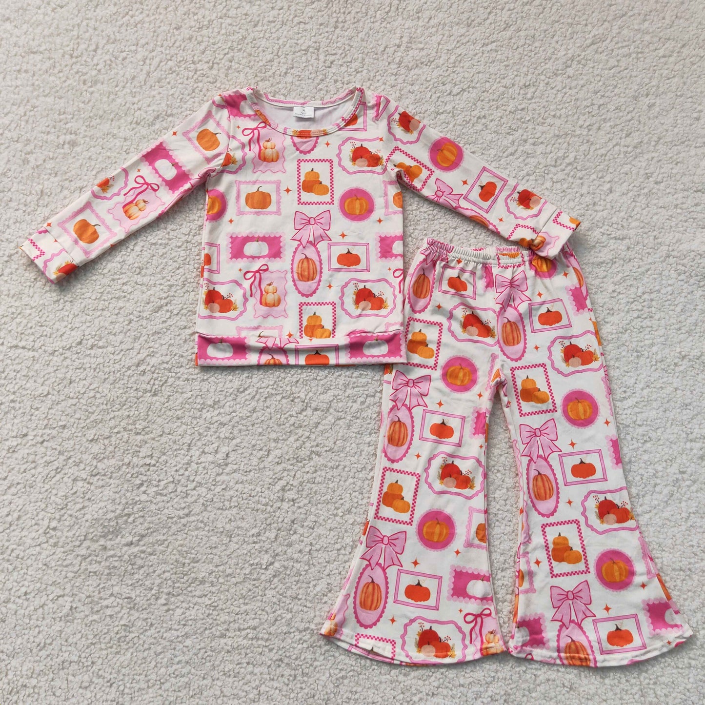 RTS NO MOQ Sibling milk silk Baby Girls Bow Pumpkin Checked Print Top Matching Flare Pants Two Piece Fall Clothes Set