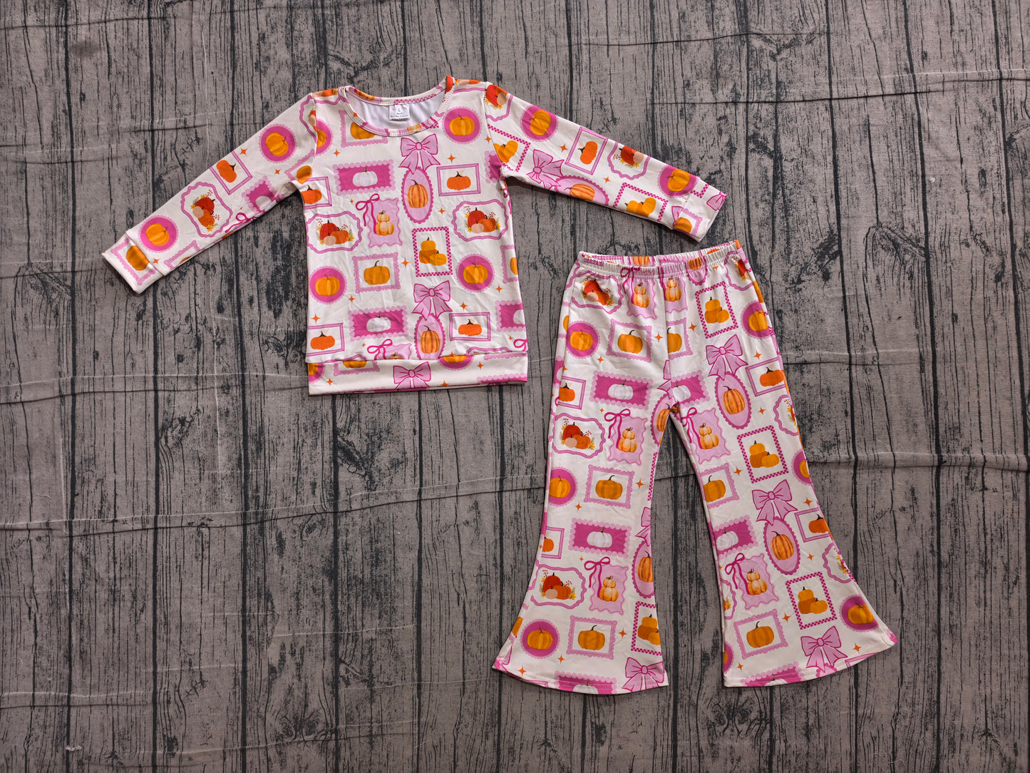 (Sample) No moq GLP3405 Baby Girls Plaid Bow Pumpkin Long Sleeve Shirt Flare Pant Fall Holiday Clothes Set