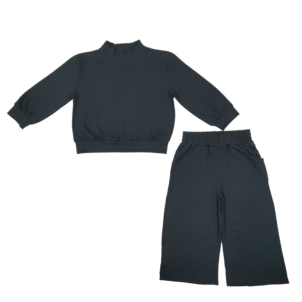RTS NO MOQ Sibling cotton High Neck Baby Girls Casual Solid Mock Neck Top With Pocket Wide Leg Pants Set