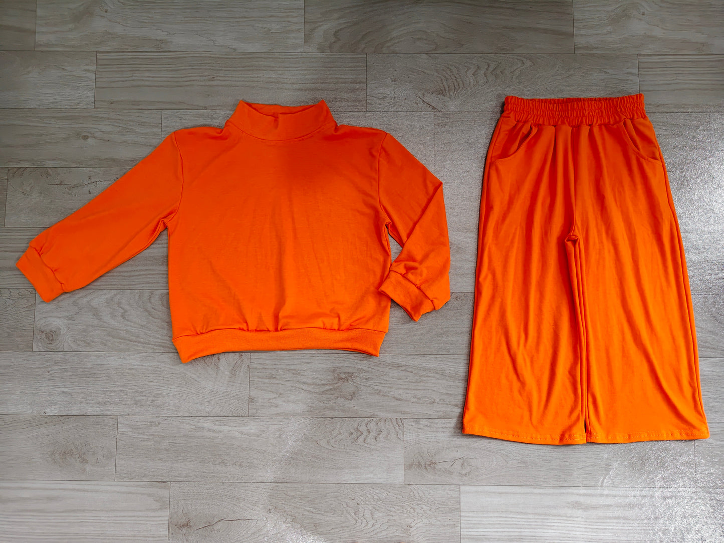 (Sample) No moq cotton GLP3414 Baby Girls Orange Pocket Long Sleeve Top Flare Pants Sleepwear Set