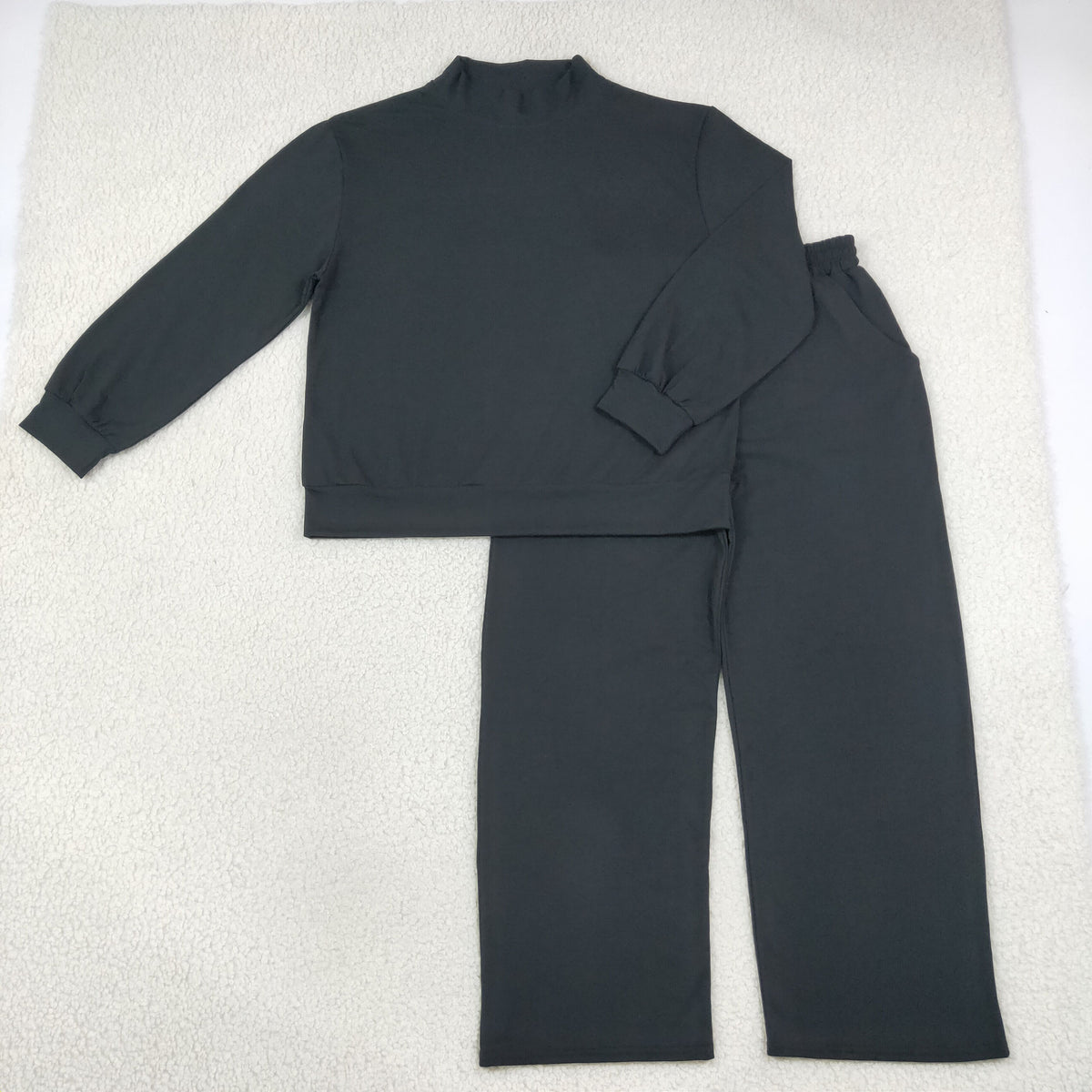 RTS NO MOQ Sibling cotton Adult To Match Kids High Neck Black Mock Neck Long Sleeve Top Wide Leg Pants Set