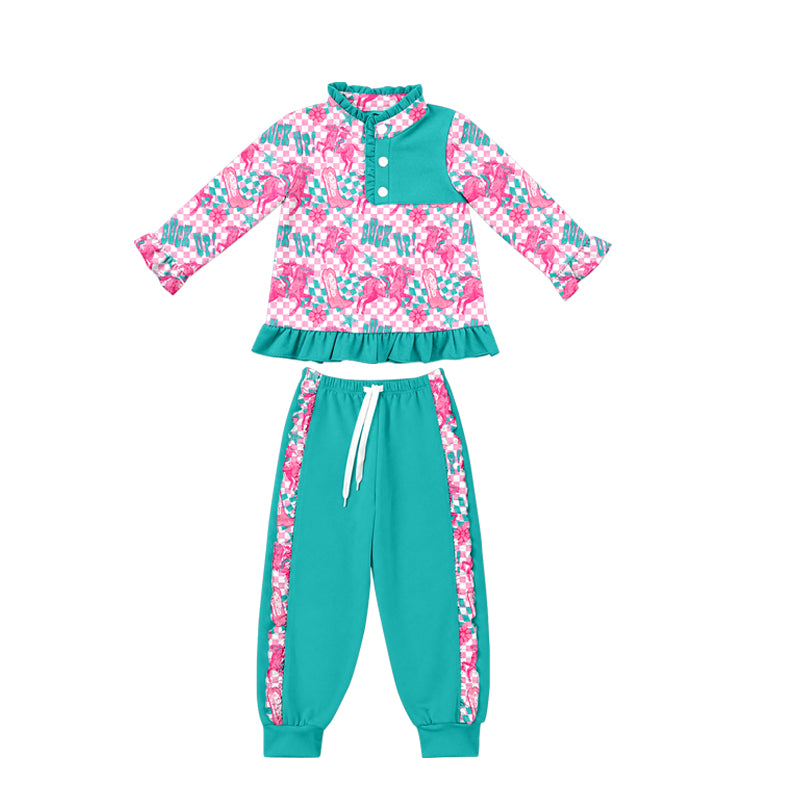 (Preorder new) No moq GLP3433 Baby Girls Horse Rodeos Checked Long Sleeve Top Matching Elastic Waist Long Pants Sets